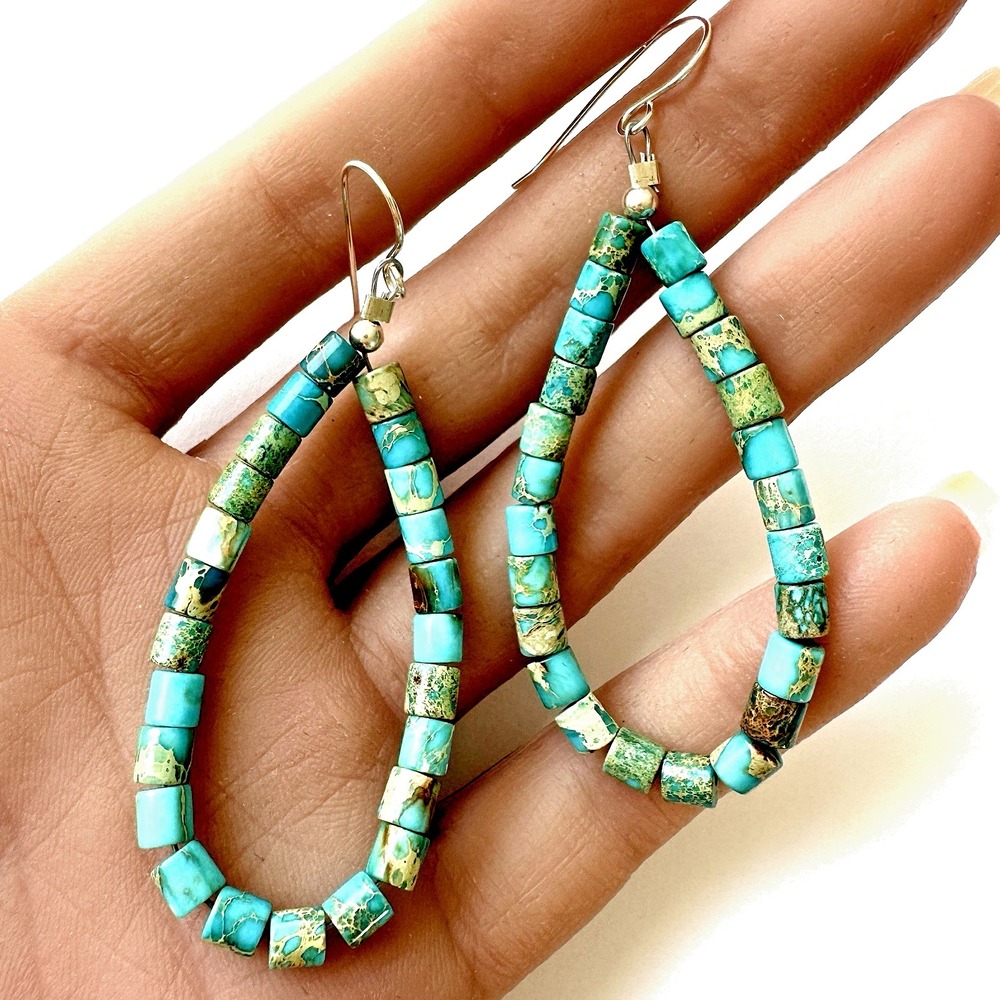 Jacla Navajo Earrings Turquoise Heishi 2.5in 925 Sterling Dangle Hook Loops Long